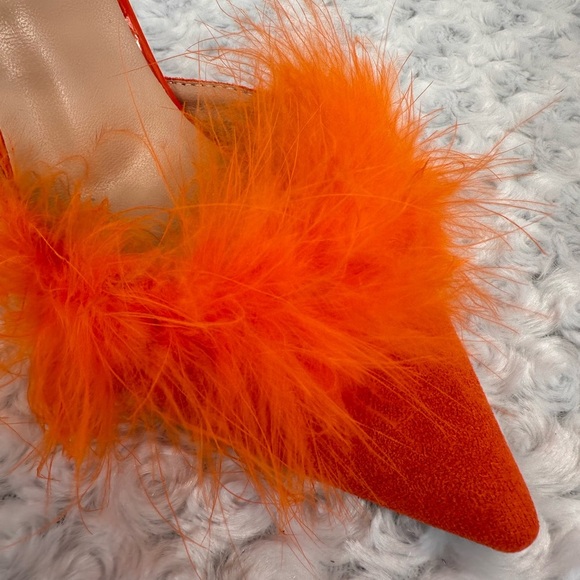 NIB Neon Orange Feather Trim Convertible Heels - Picture 5 of 7